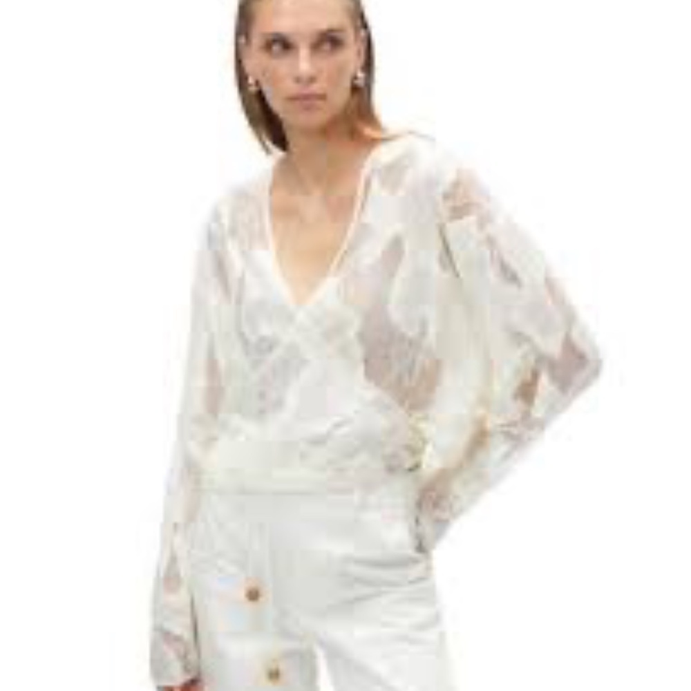 Nocturne Ecru Lace Wrap Blouse Organic Cotton Sheer V-Neck‎ N24YN6085 NWT XL 42